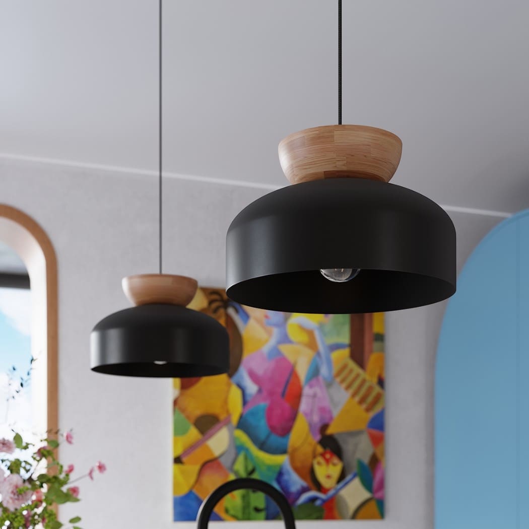 Suspension scandinave métal et bois de forme arrondie - vue de face