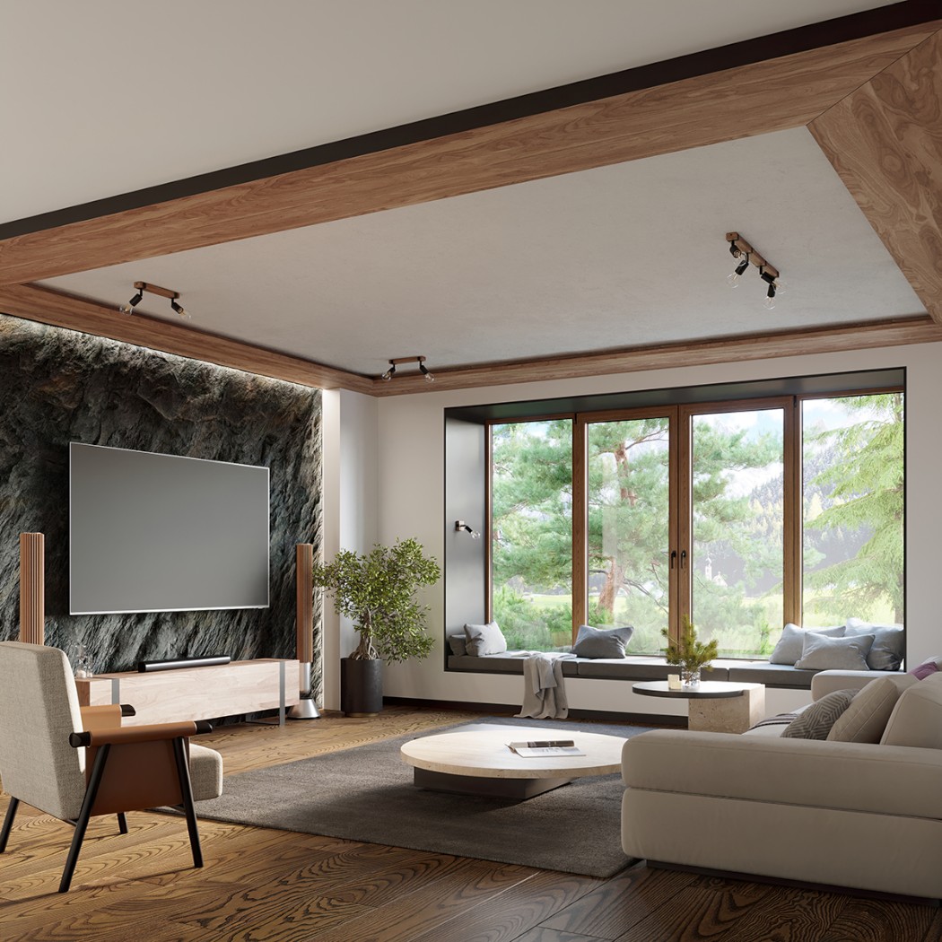 Lustre plafonnier industriel bois et métal à spots orientable - détail