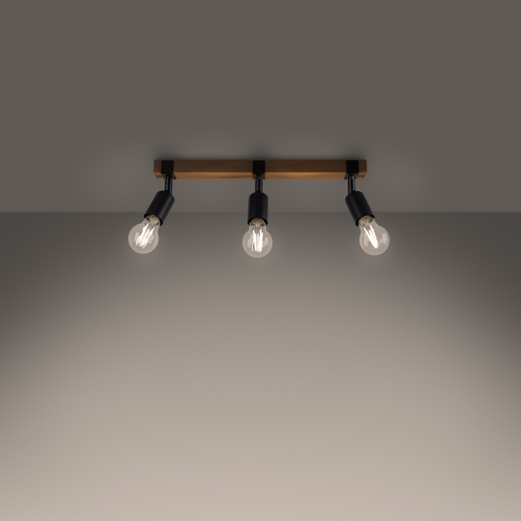 Lustre plafonnier industriel bois et métal à spots orientable - vue de face