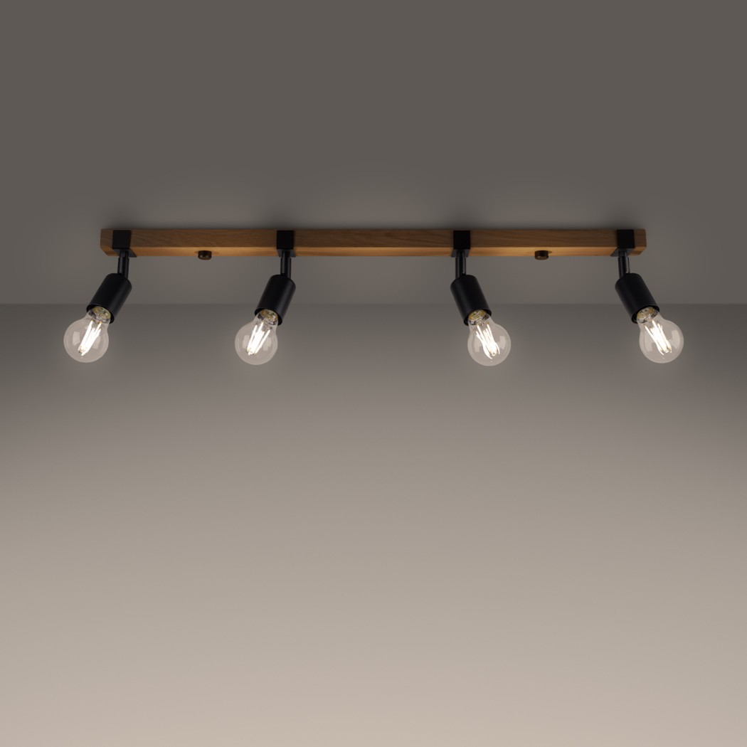 Lustre plafonnier industriel bois et métal à spots orientable - vue de côté