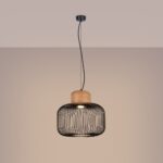 Suspension filaire design en métal noir et bois naturel