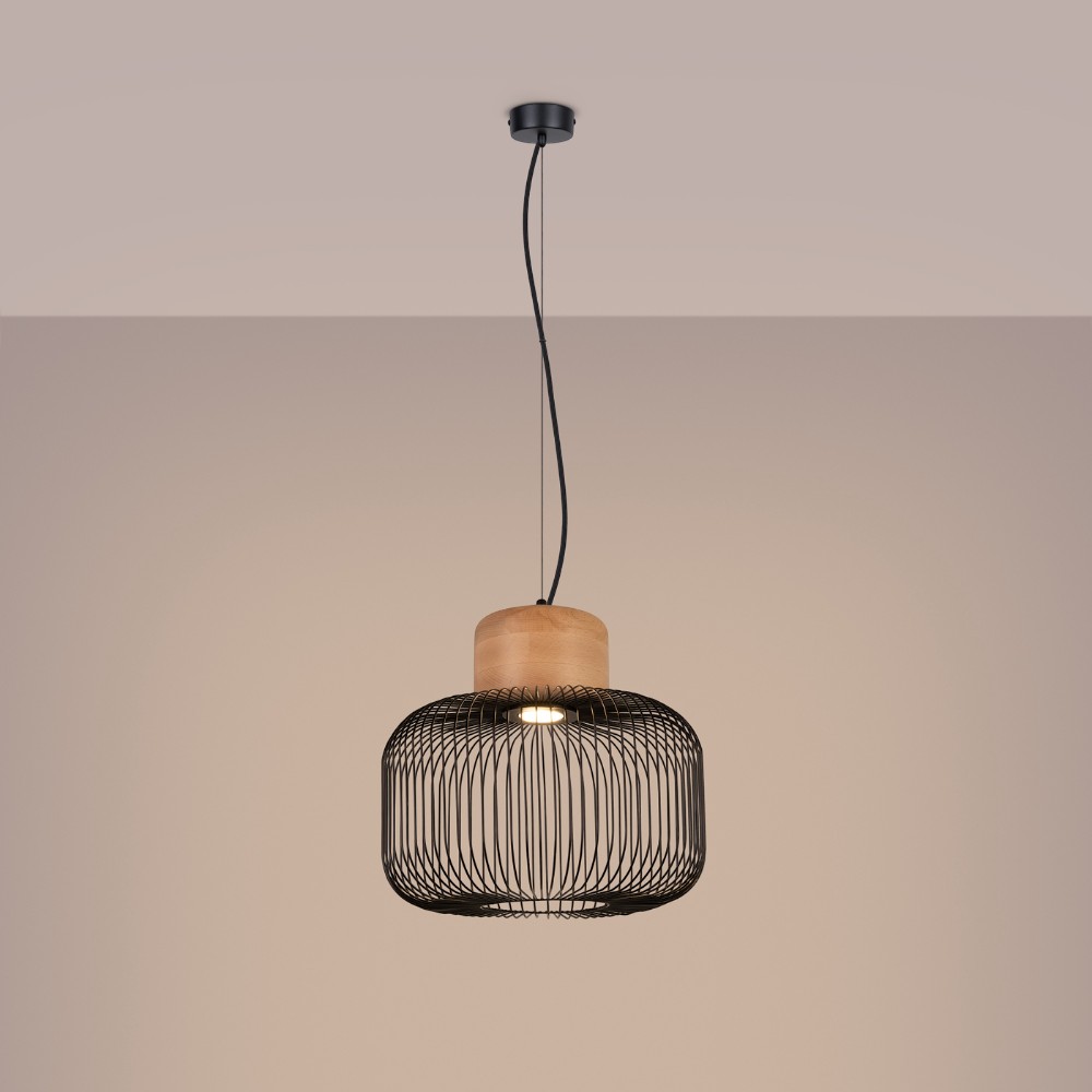 Suspension filaire design en métal noir et bois naturel
