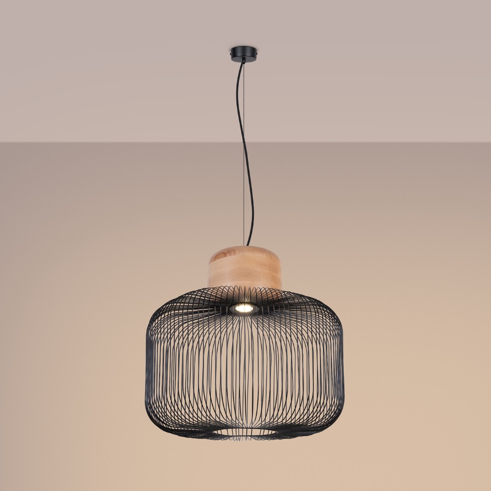 Suspension filaire design en métal noir et bois naturel - vue de face