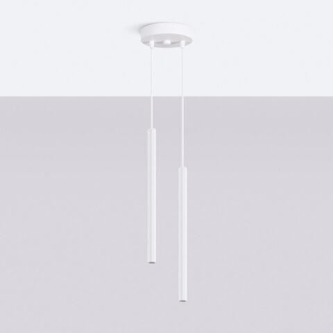 Suspension design minimaliste à deux tubes verticaux blancs descendant d'un plafonnier rond, éclairage directionnel moderne pour tables et îlots de cuisine.