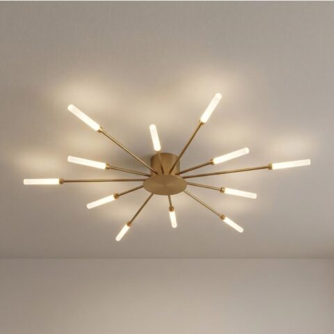 Lustre plafonnier LED pissenlit doré design, à 12 LED fixé sur un plafond beige.