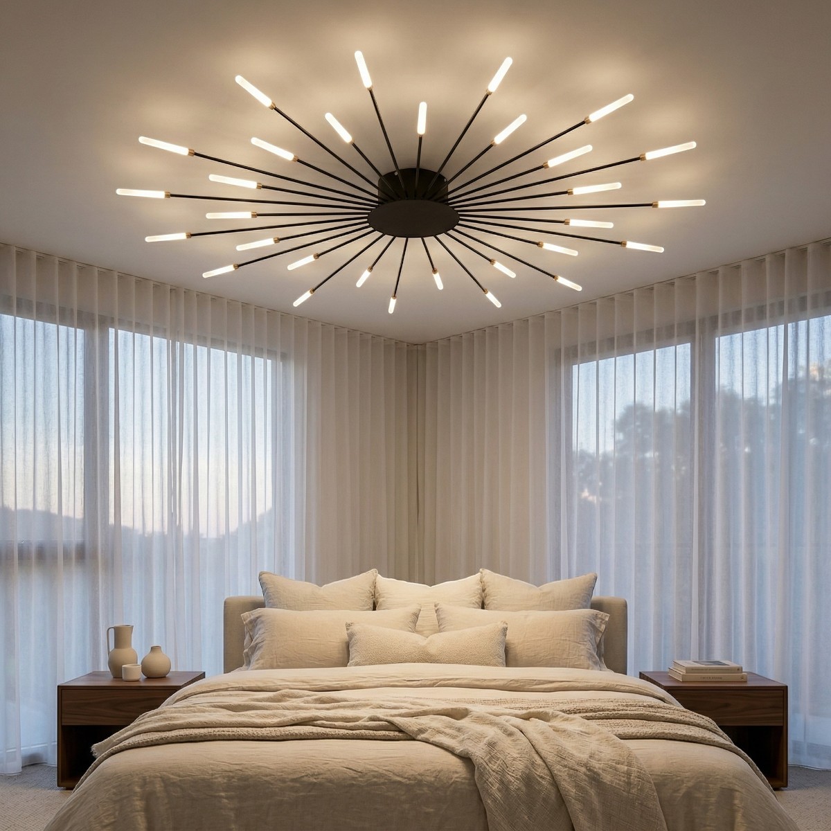Lustre plafonnier noir en forme de pissenlit aux multiples tiges LED au-dessus d'un lit