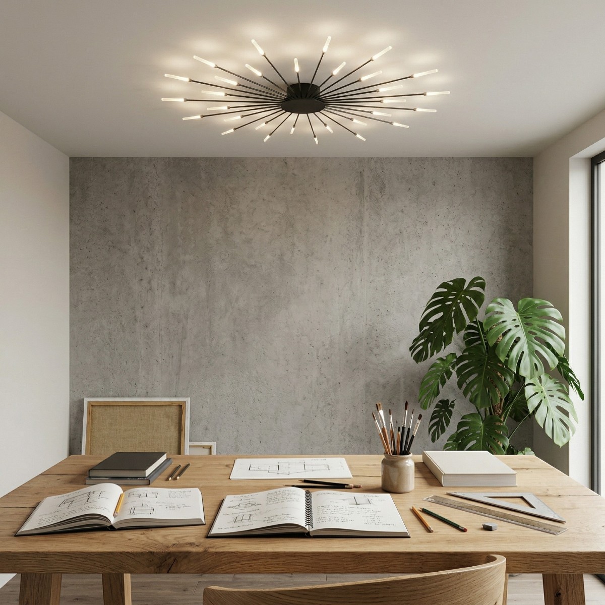 Lustre pissenlit noir au plafond d'un bureau avec plante verte et mur en béton