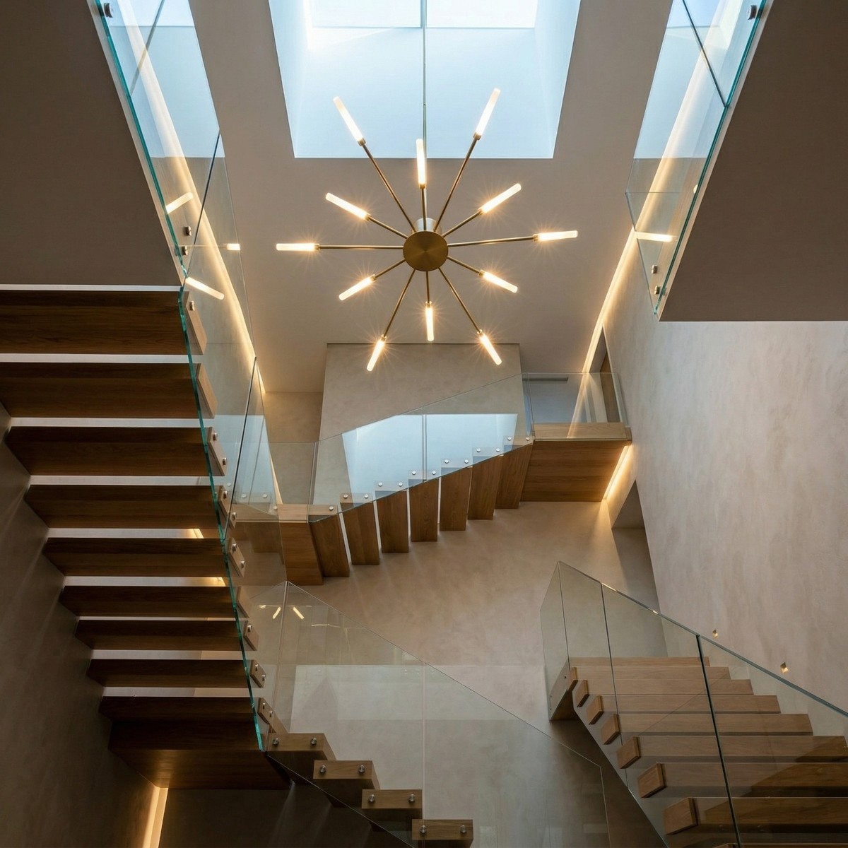 Lustre pissenlit doré suspendu au-dessus d'un escalier intérieur baigné de lumière naturelle