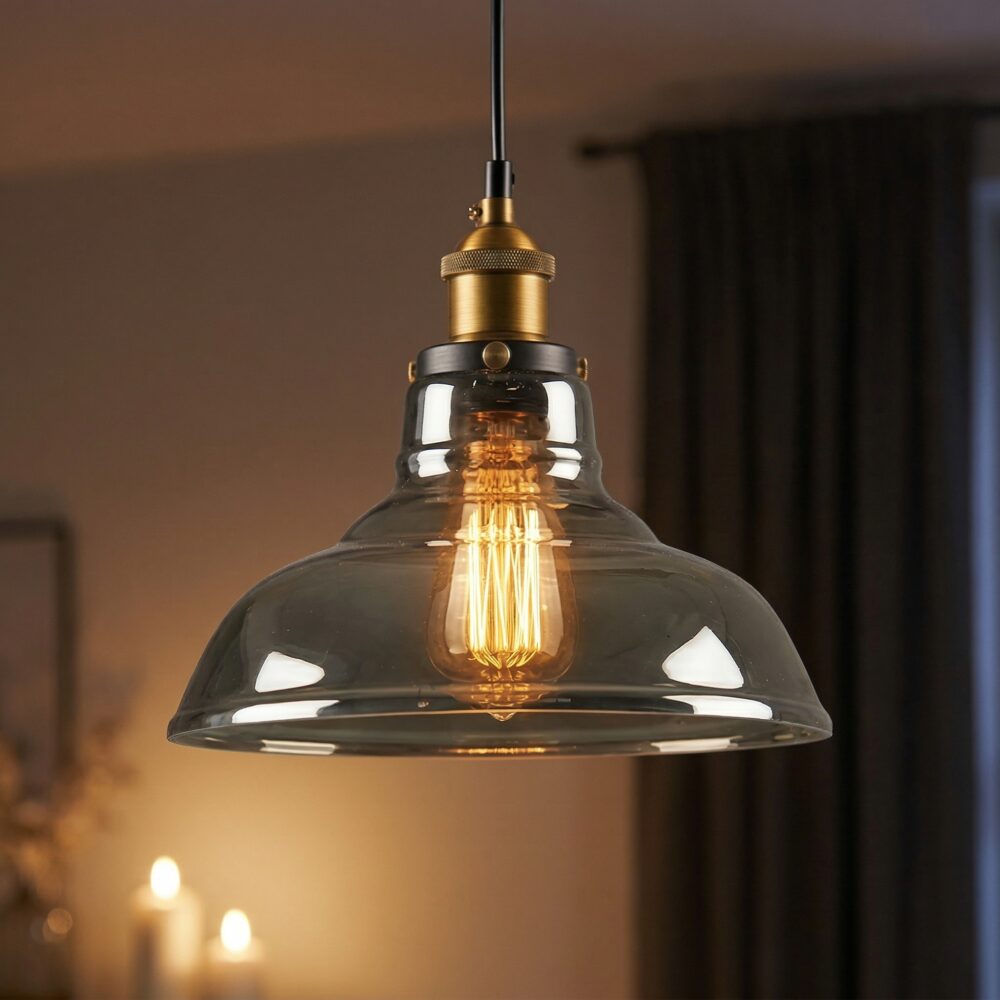 La suspension verre fumé chic au design industriel avec sa douille en laiton doré et son ampoule à filament, dans un salon à la lumière tamisée.