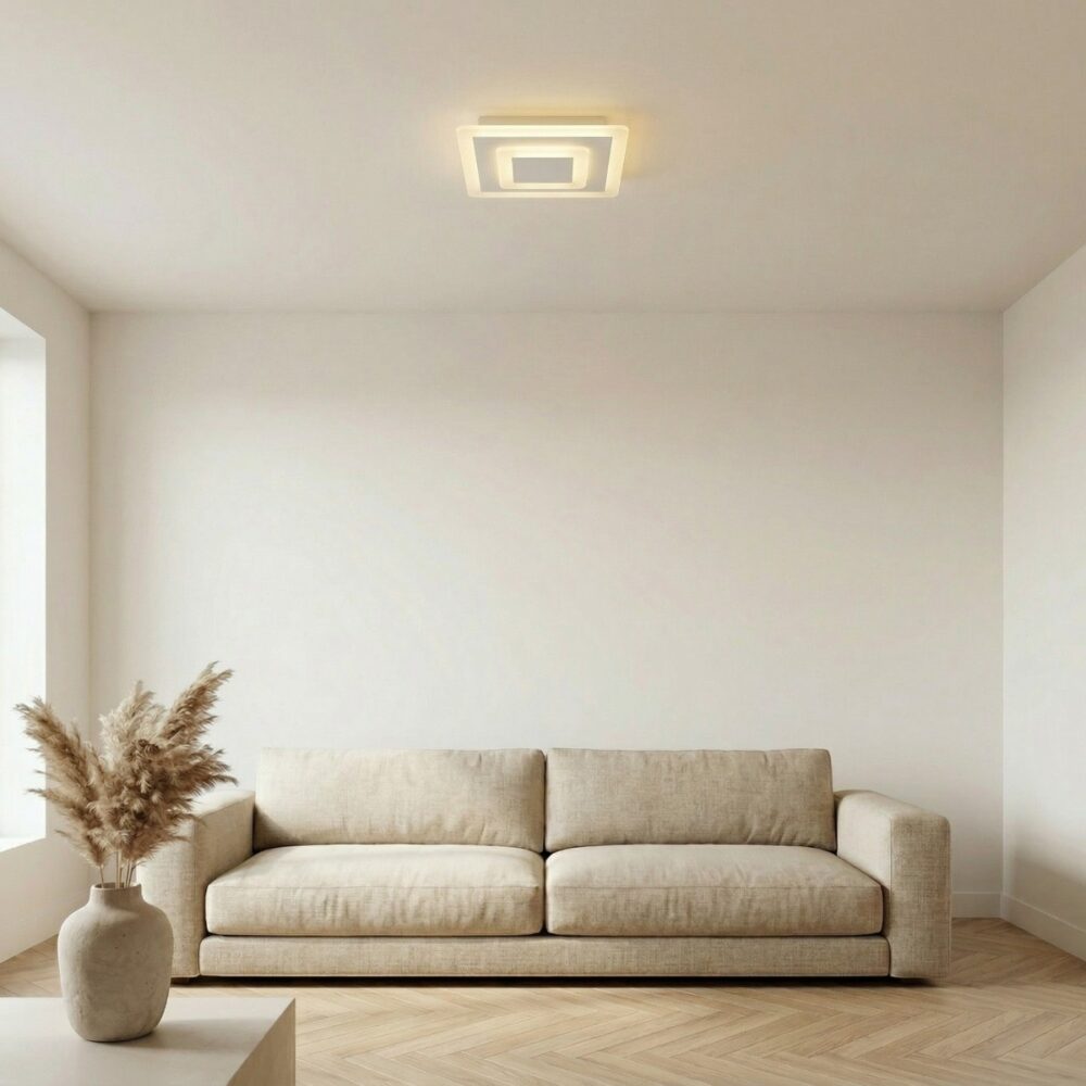 Lustre plafonnier carré moderne motifs superposés - vue de face