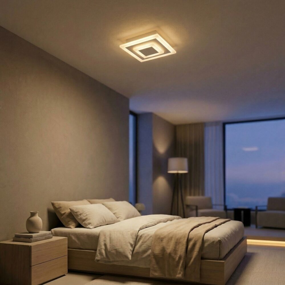 Lustre plafonnier carré moderne motifs superposés - vue de côté