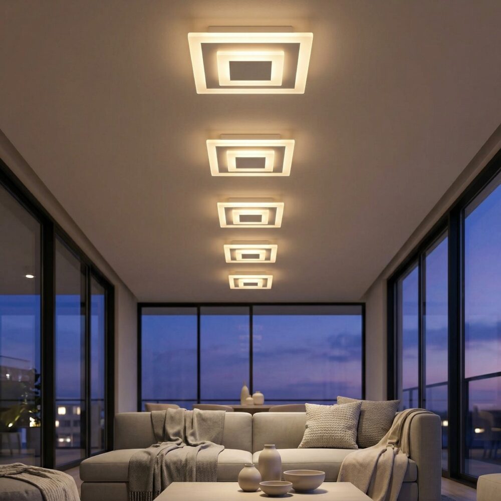 Lustre plafonnier carré moderne motifs superposés