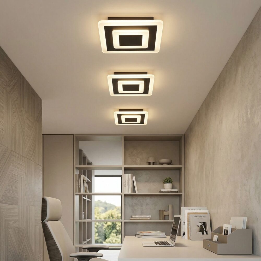 Lustre plafonnier carré moderne motifs superposés - vue d'ensemble