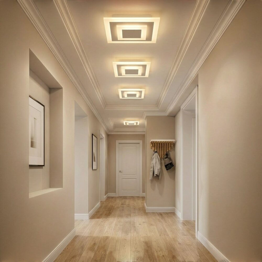 Le lustre plafonnier carré moderne aux motifs superposés blanc dans un couloir installé en série.