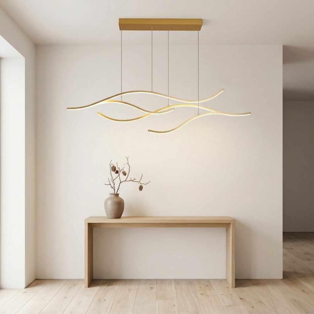 Même suspension ondulée en finition dorée au-dessus d'une console