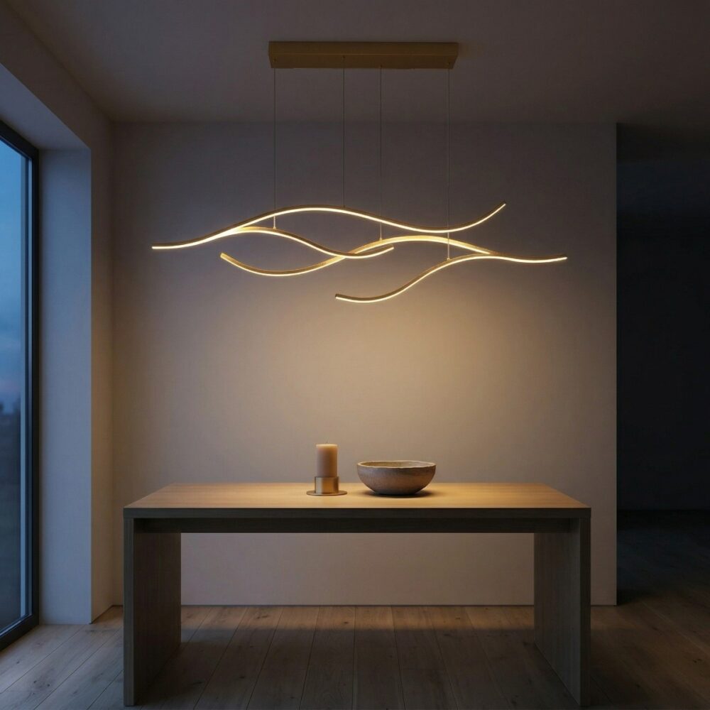 Suspension ondulée allumée diffusant une lumière chaude au-dessus d'une table au crépuscule