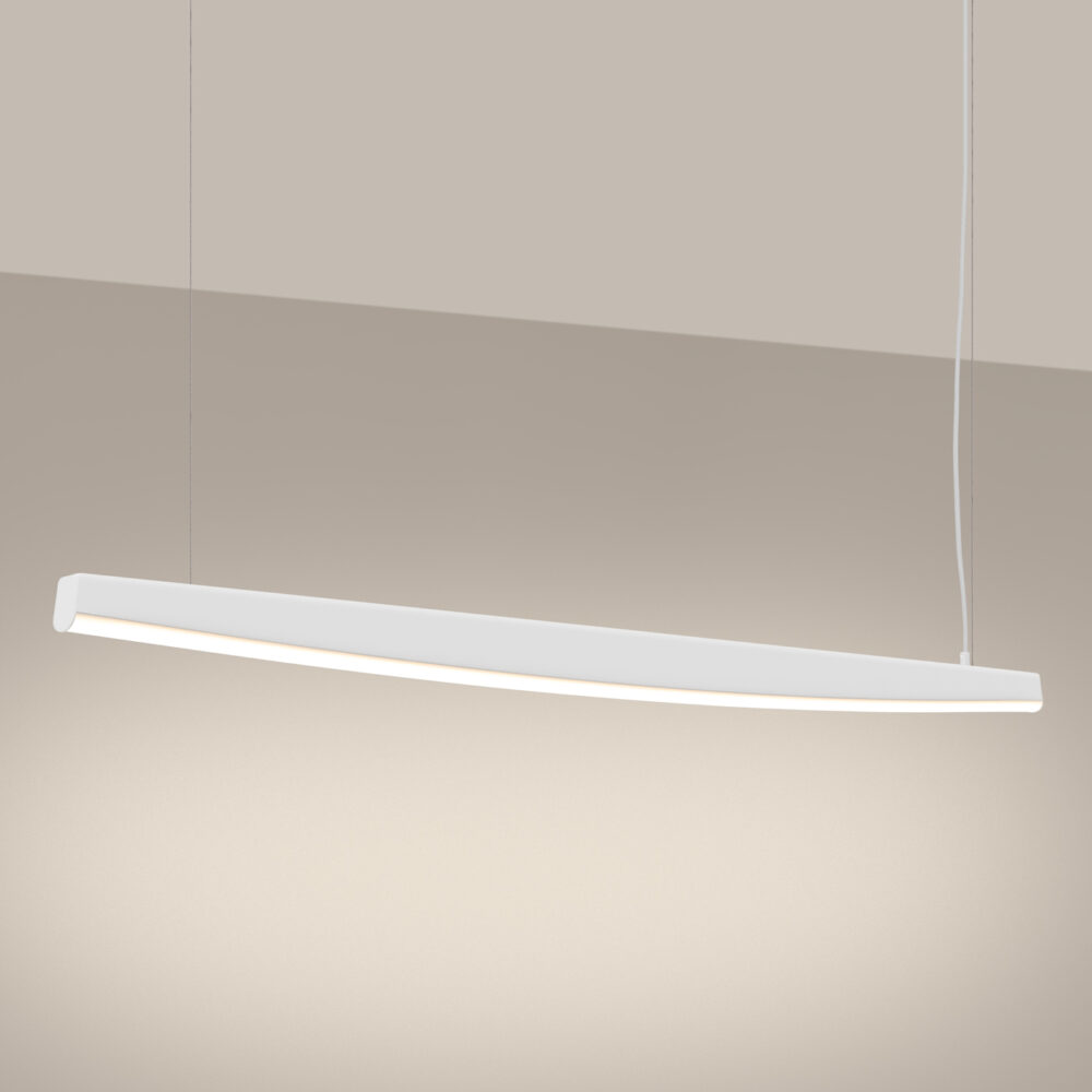 La suspension LED linéaire vague 3 coloris de couleur blanche suspendue au plafond par deux fils métalliques.