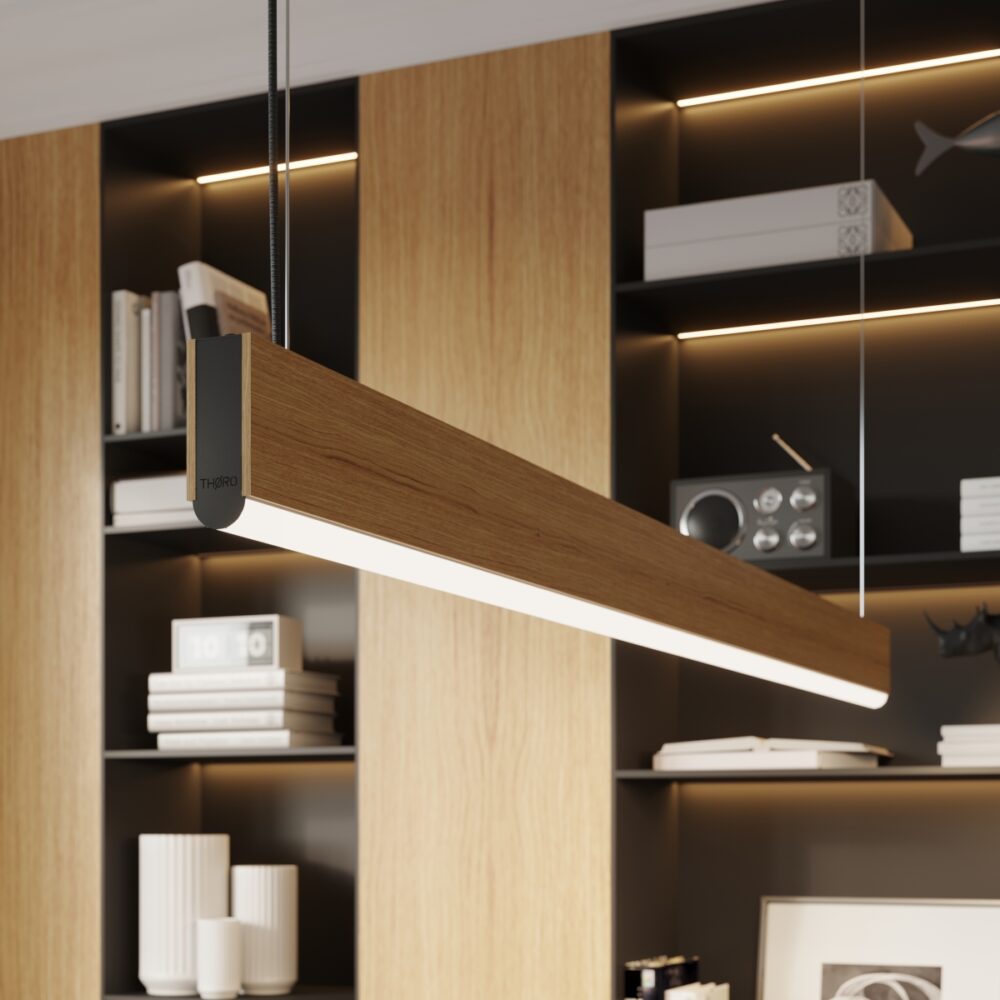 Suspension linéaire chêne design moderne — détail de finition