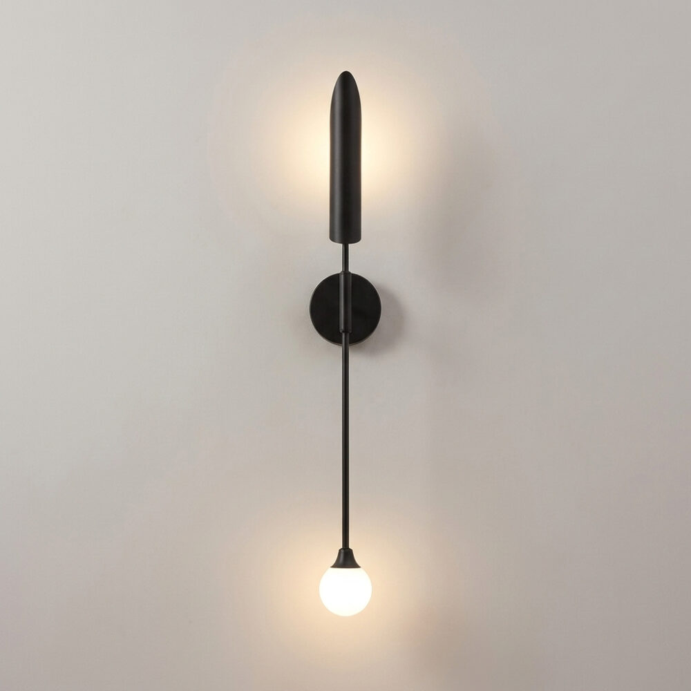 Applique murale design en métal noir avec 2 sources lumineuses, sur un mur gris