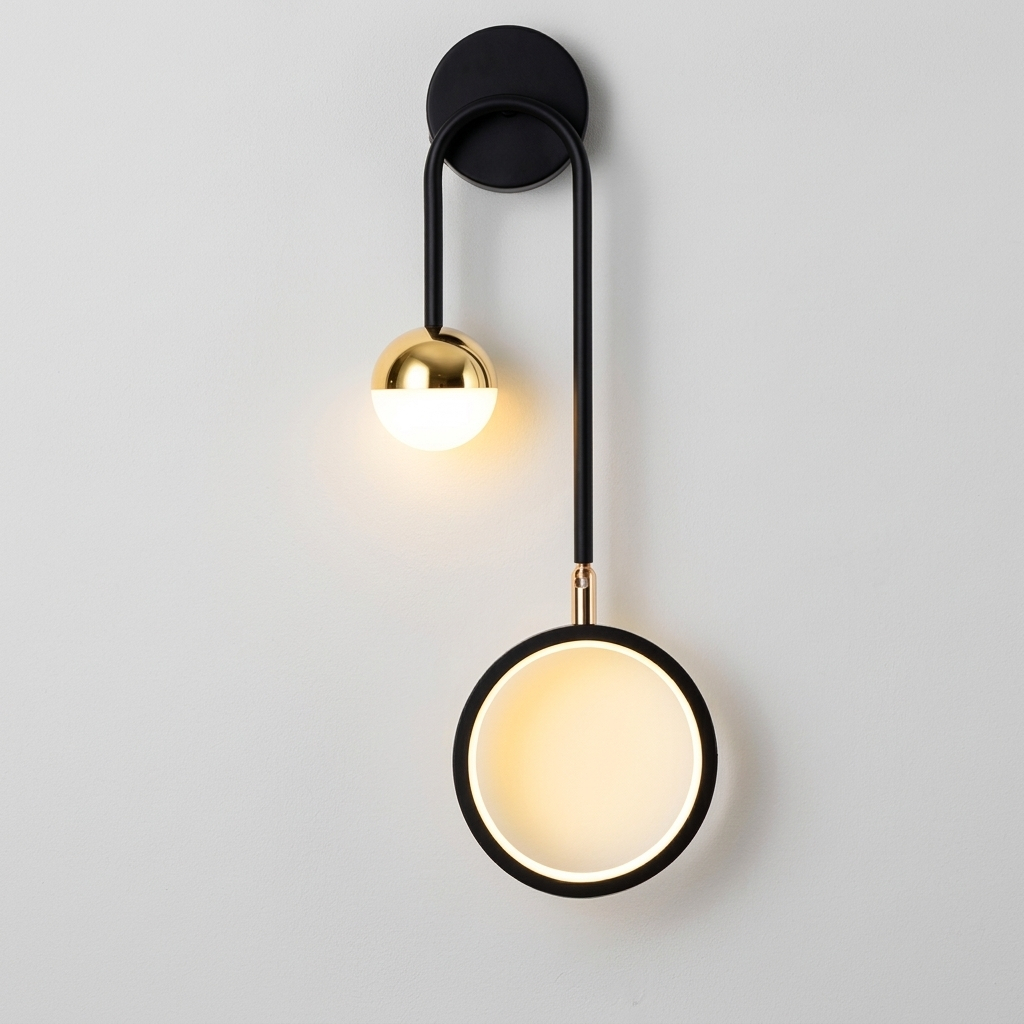 Applique murale noire à bras courbe avec petite sphère dorée et anneau lumineux