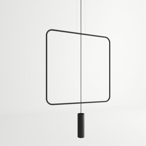 La suspension cadre noir design minimaliste sur fond gris.