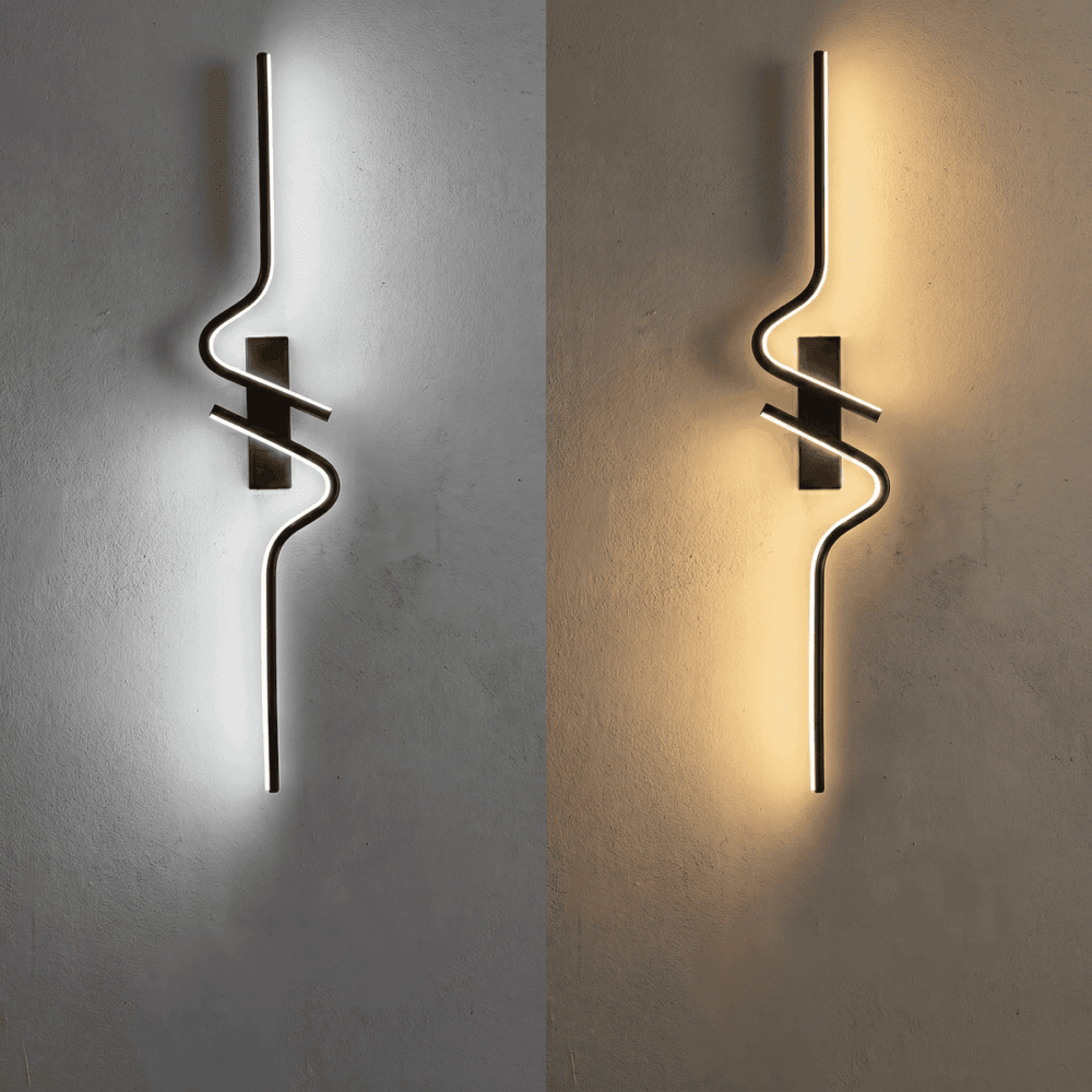 Une Applique murale lumière LED Applique murale spirale aluminium noir moderne en forme de spirale, fixée sur un mur beige avec une douce lumière chaude.