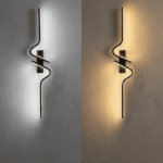 Une Applique murale lumière LED Applique murale spirale aluminium noir moderne en forme de spirale, fixée sur un mur beige avec une douce lumière chaude.