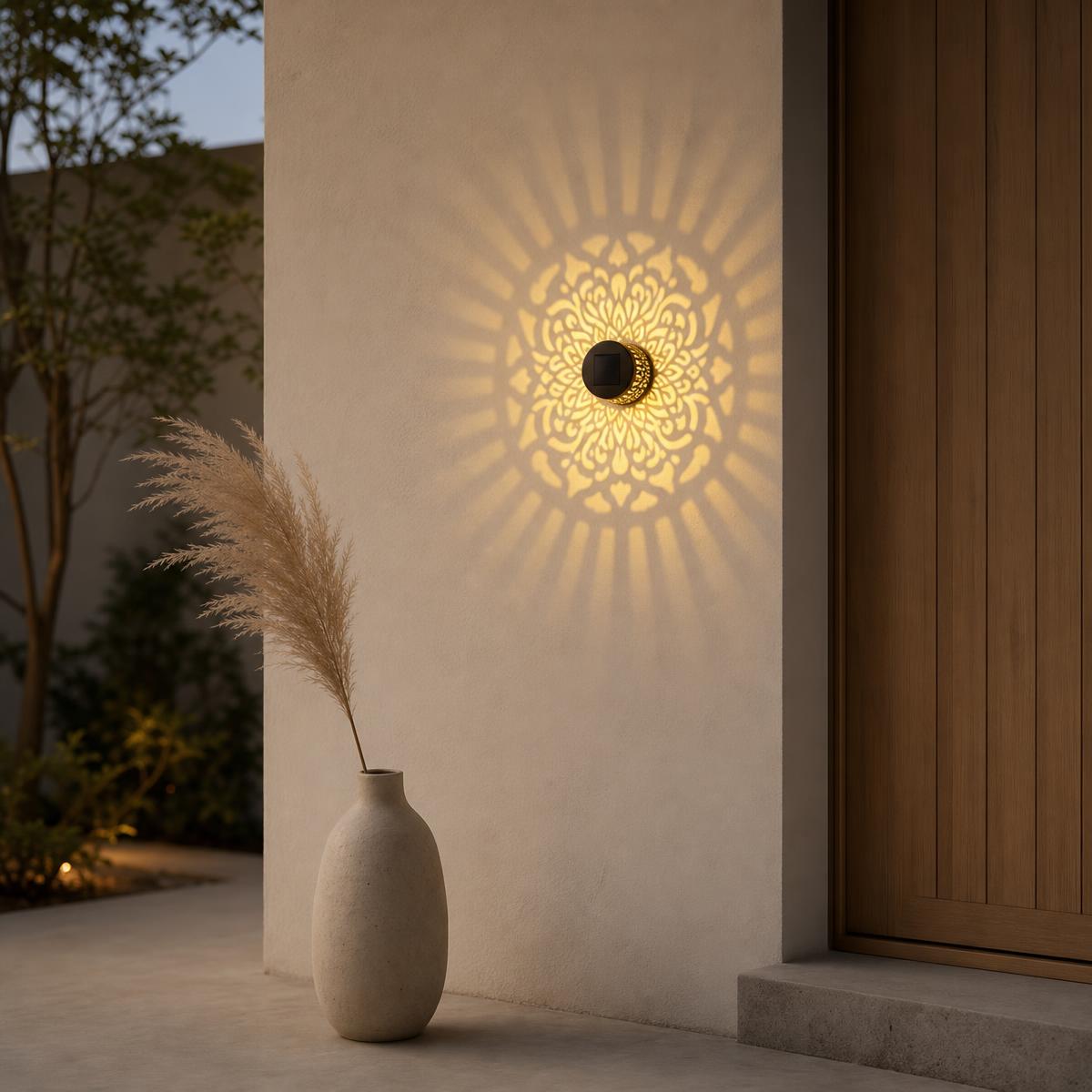Applique murale mandala projetant un motif de rayons lumineux près d'une porte en bois