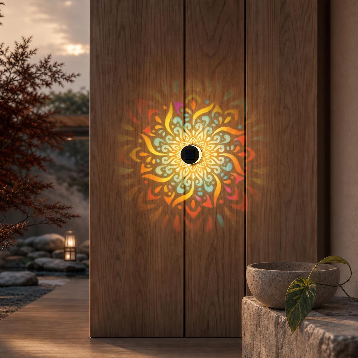 Applique murale mandala projetant un motif floral coloré sur une porte en bois la nuit