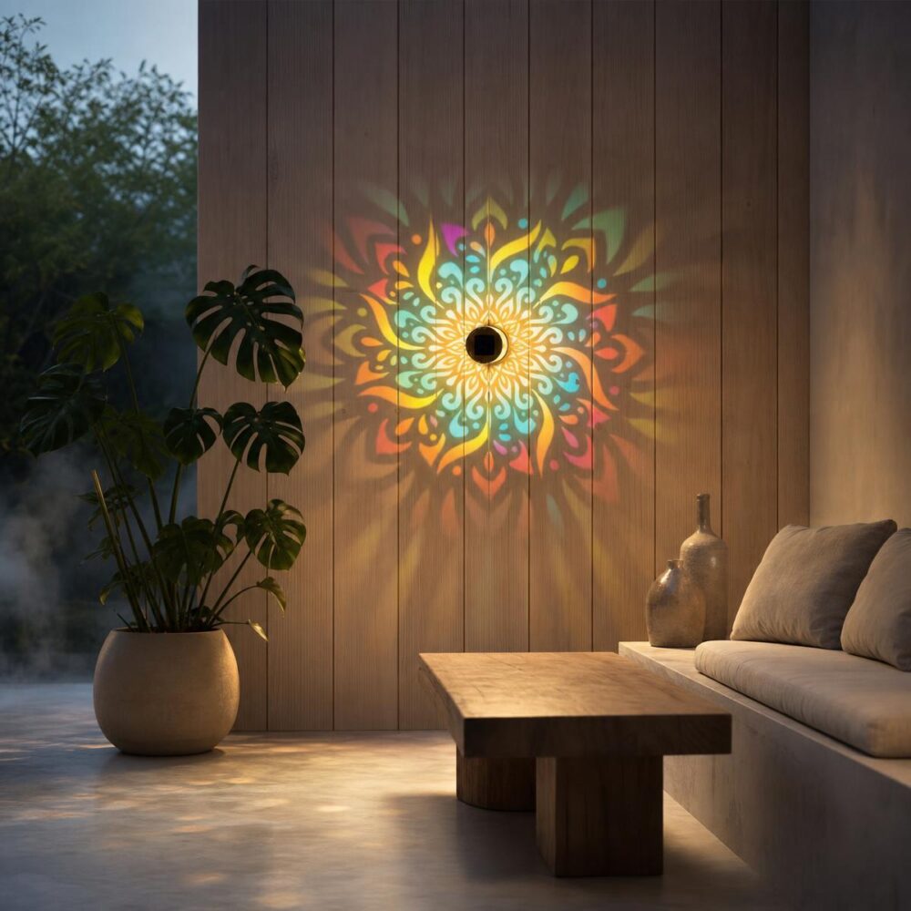 Applique murale mandala illuminant un mur en bois coloré près d'un canapé extérieur
