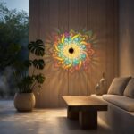 Applique murale mandala illuminant un mur en bois coloré près d'un canapé extérieur