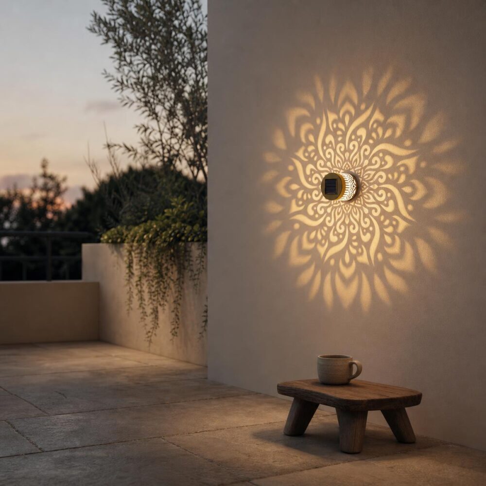 Applique murale mandala projetant un motif floral doré sur un mur blanc en terrasse