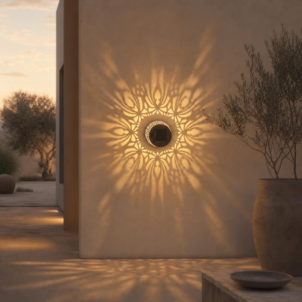 Une applique murale solaire mandala papillon lumière chaude projette un joli motif en forme de fleur sur le mur, dans un jardin au coucher du soleil.