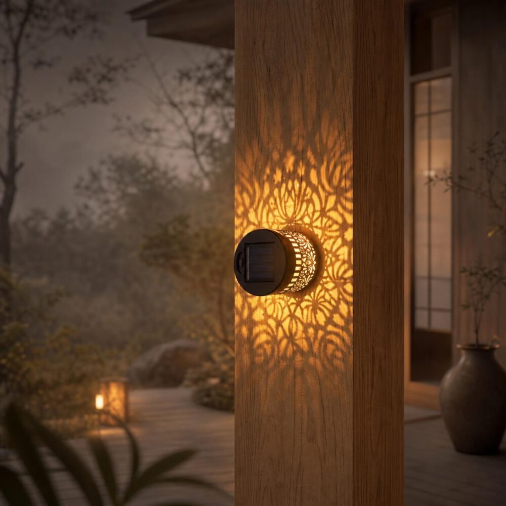 Applique solaire mandala projetant un motif de lumière chaude sur du bois la nuit