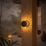Applique solaire mandala projetant un motif de lumière chaude sur du bois la nuit