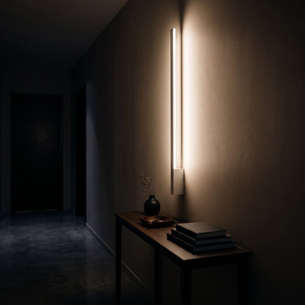 Applique verticale allumée la nuit, bande de lumière sur le mur