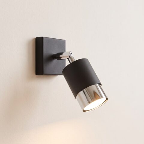 Applique murale spot orientable en acier noir et chrome ou doré, argente