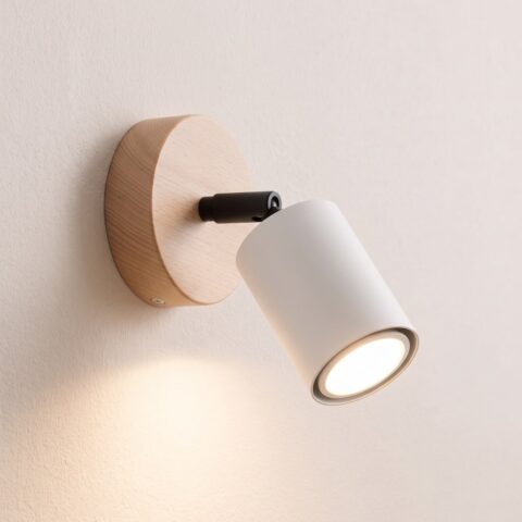 Applique murale spot en bois naturel et métal style loft, blanc