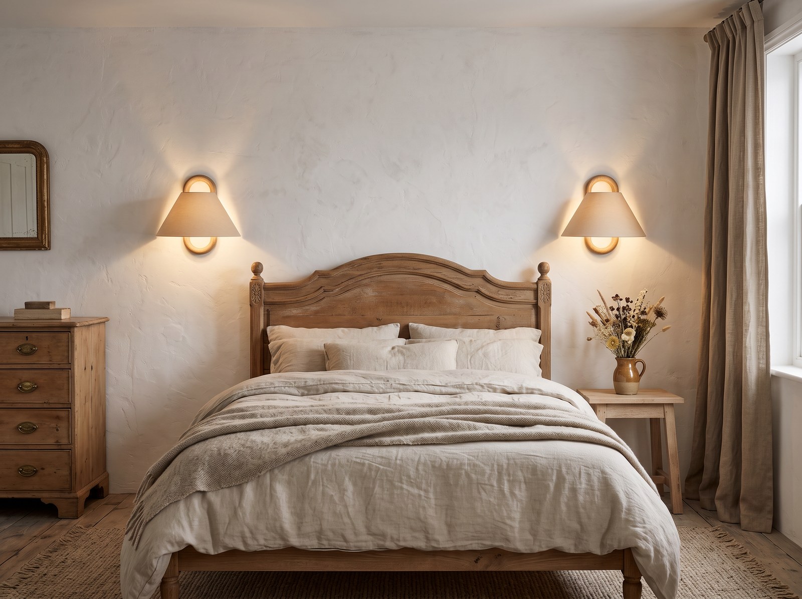 Chambre campagne chic la nuit avec deux appliques en bois et abat-jour conique en tissu beige allumées de chaque côté d'un lit en bois, linge de lit en lin écru