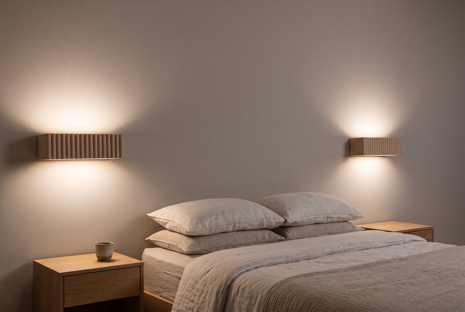 Chambre aux murs grège la nuit avec deux appliques rectangulaires en céramique cannelée beige allumées de part et d'autre d'un lit au linge blanc cassé et lin, tables de chevet en chêne clair