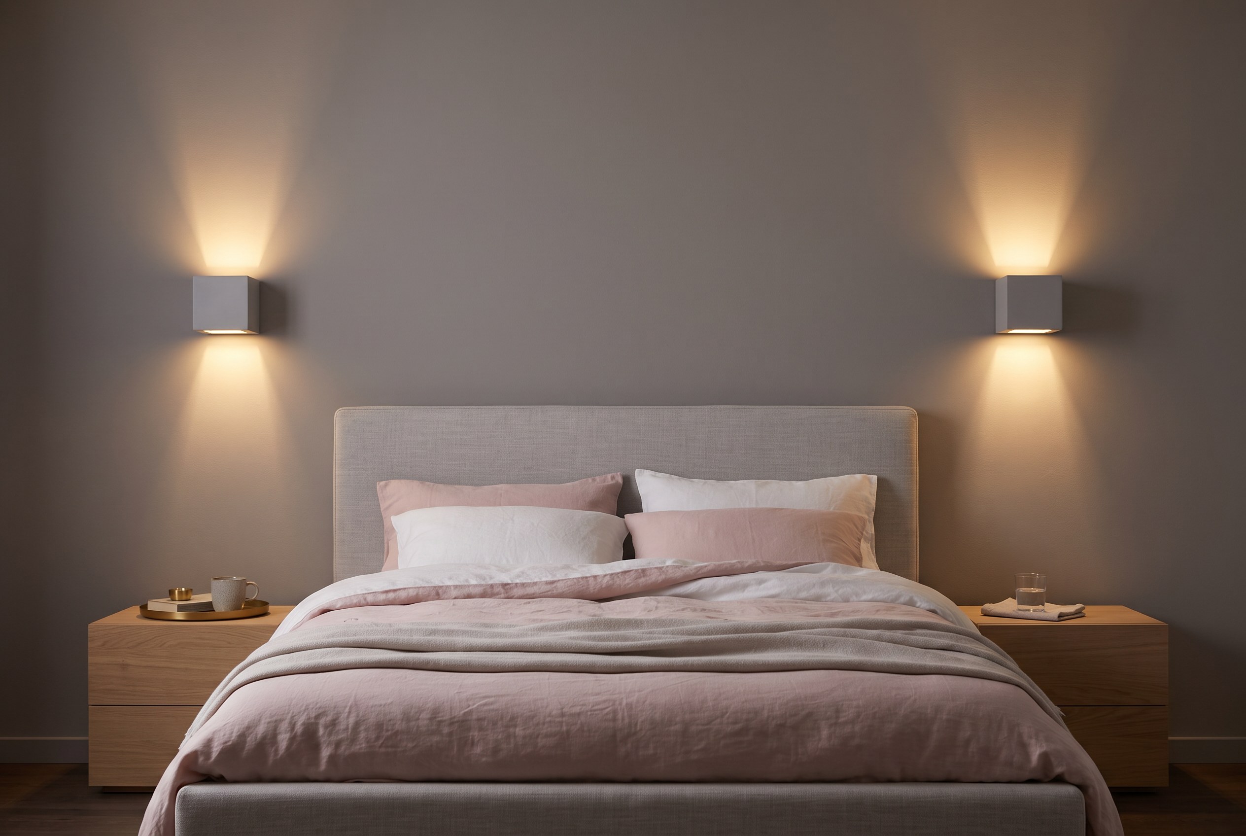 Chambre grise la nuit avec deux appliques cubiques en céramique grise allumées de chaque côté d'un lit au linge rose poudré et blanc