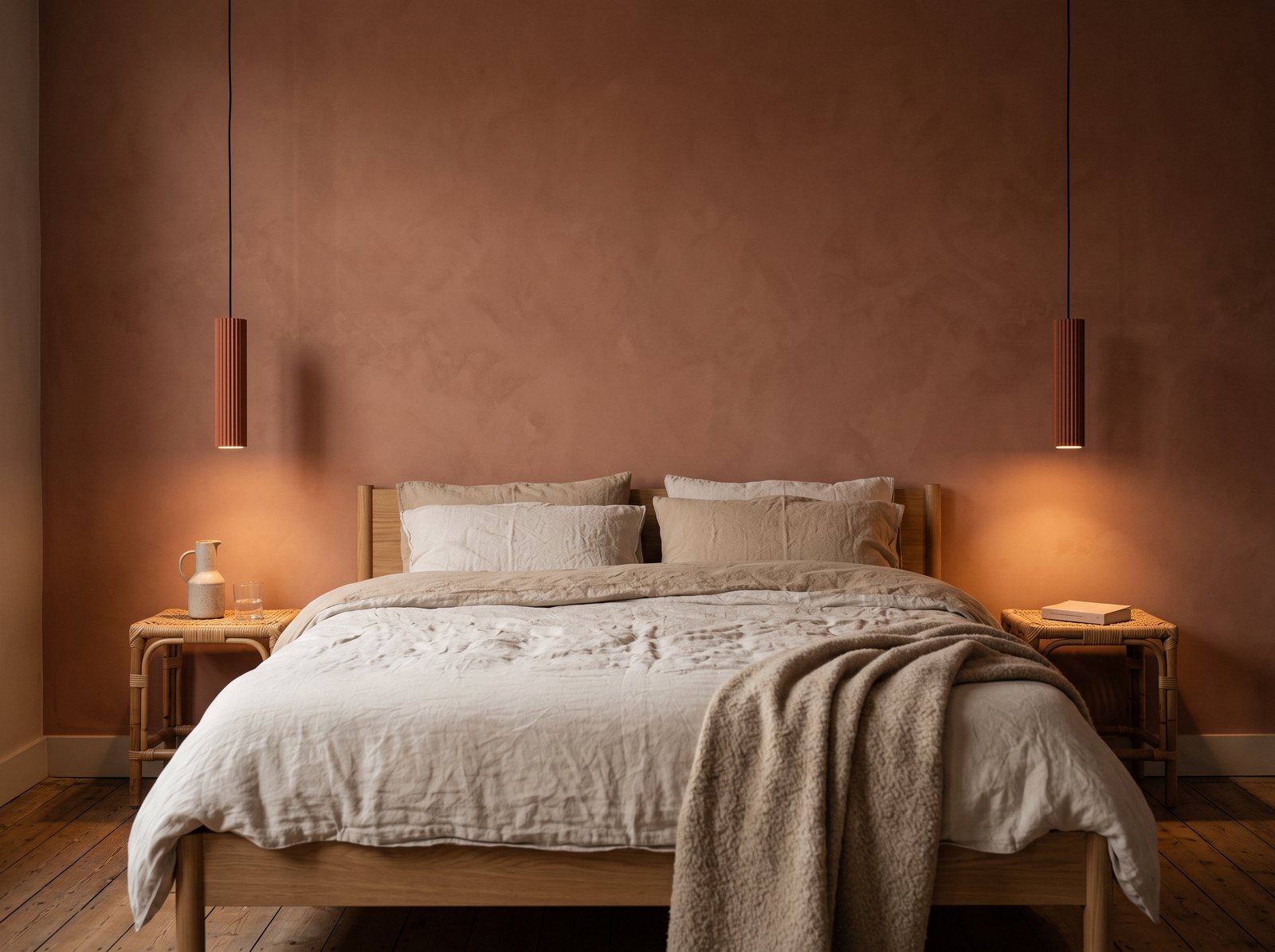 Chambre terracotta le soir avec un mur à la chaux terracotta, un lit en chêne au linge blanc cassé et sable, et deux suspensions tubes cannelées terracotta allumées au-dessus des tables de chevet en rotin