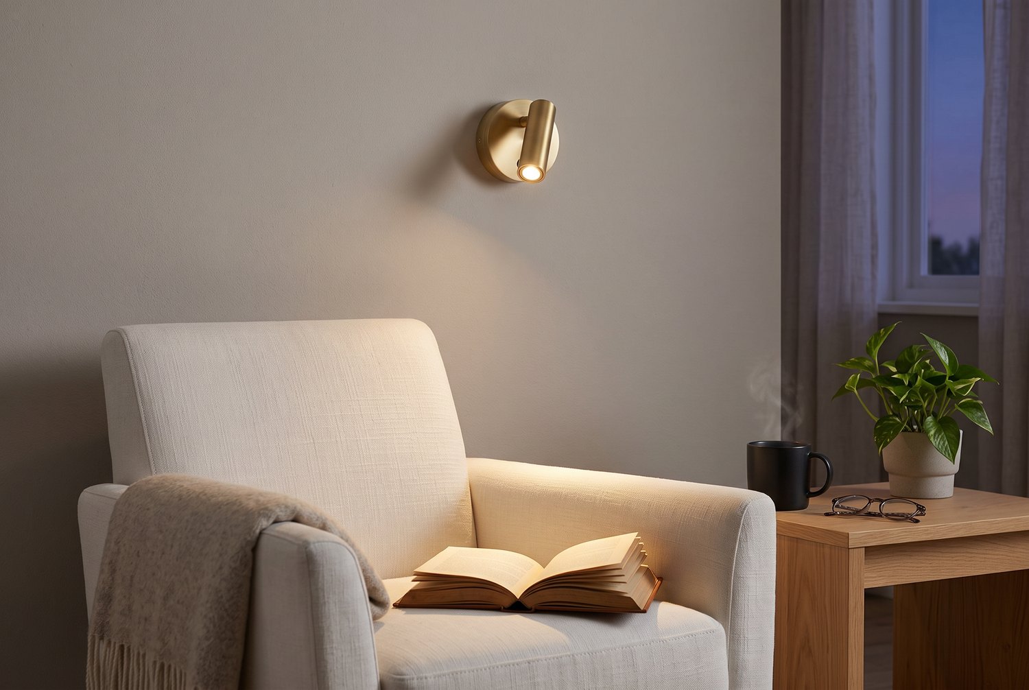 Coin lecture devant un mur grège avec une applique orientable en laiton brossé allumée au-dessus d'un fauteuil en lin blanc cassé, livre ouvert et table d'appoint en chêne clair