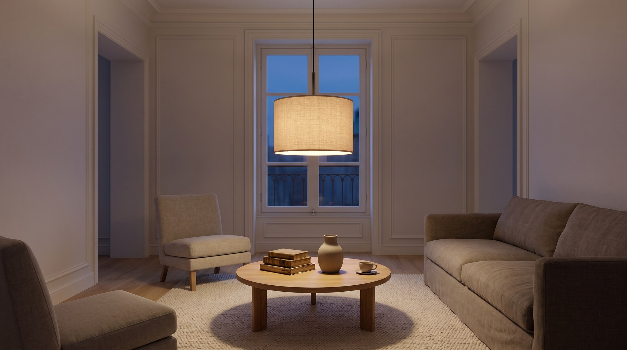 Salon le soir avec une suspension à abat-jour cylindrique en tissu beige allumée au-dessus d'une table basse ronde en chêne, canapé en lin taupe et fenêtre à la nuit tombante