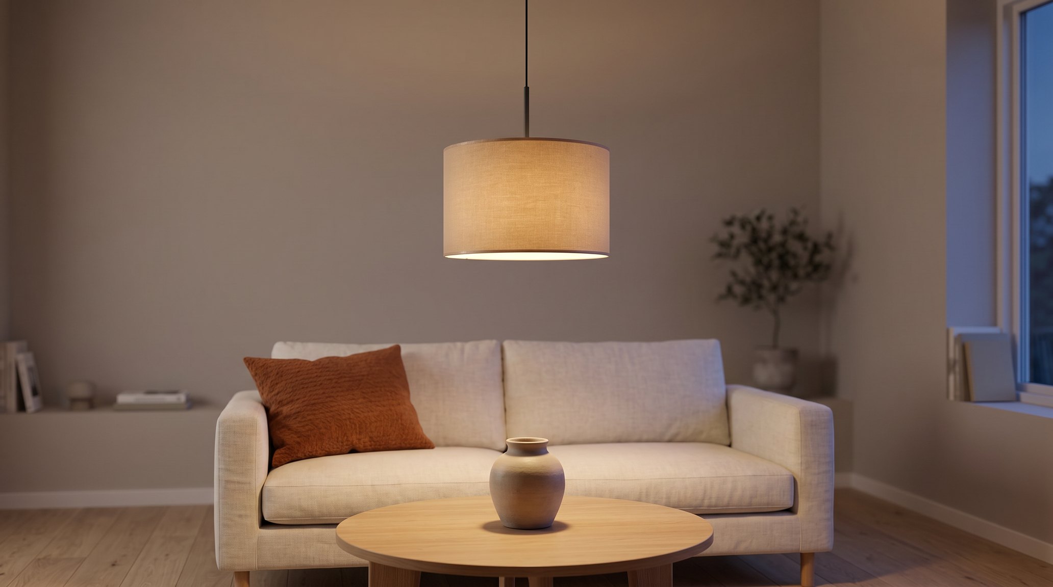 Salon aux murs grège le soir avec une suspension cylindrique en tissu beige allumée en blanc chaud au-dessus d'une table basse ronde en chêne clair, canapé en lin blanc cassé et coussin terracotta