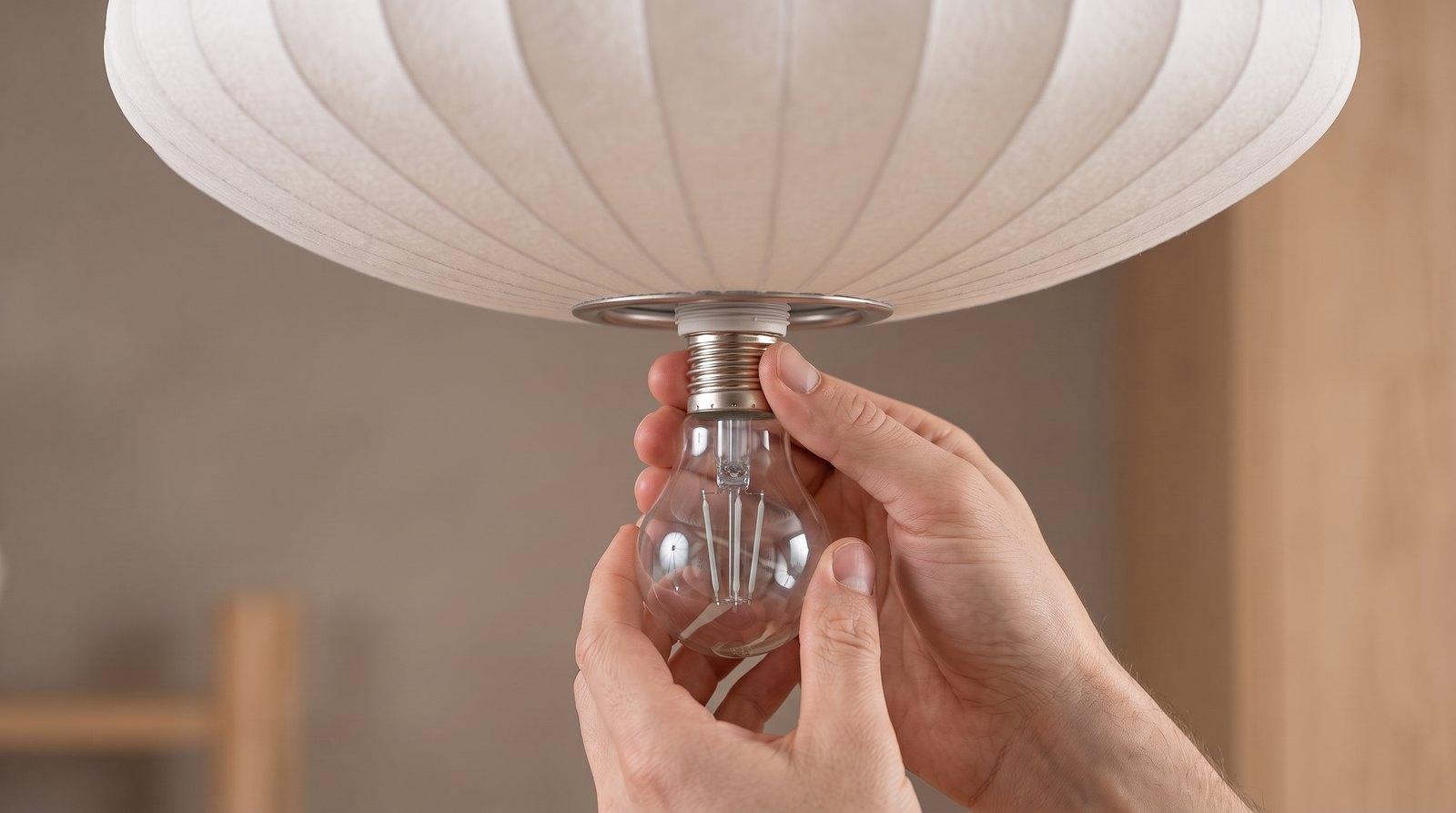 Mains vissant une ampoule à filament E27 dans la douille d'une suspension Japandi en fibre naturelle