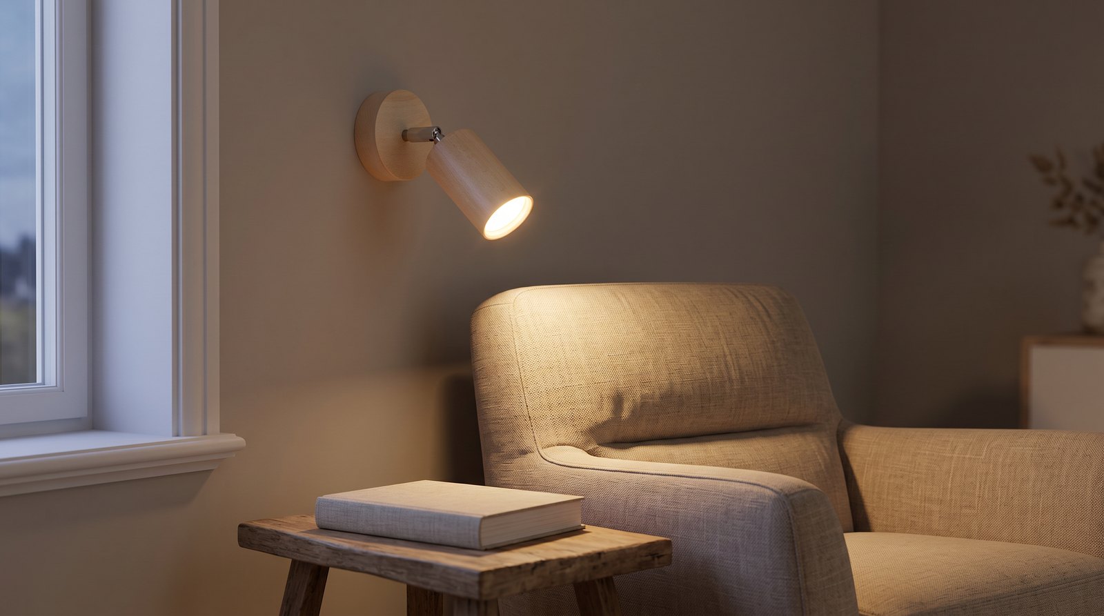 Applique murale spot orientable en bois naturel allumée au-dessus d'un fauteuil, culot GU10