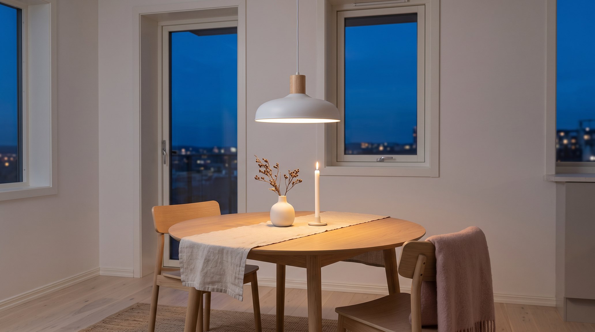 Coin repas scandinave le soir, suspension en dôme de métal blanc à col en bois allumée en blanc chaud au-dessus d'une table ronde en chêne clair, bougie et plaid rose poudré