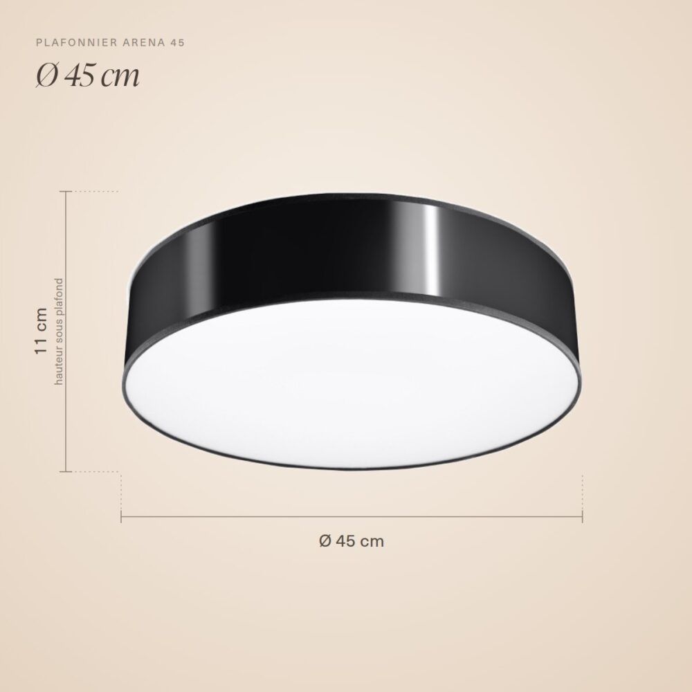 Dimensions du plafonnier rond plat : Ø 45 cm, hauteur 11 cm