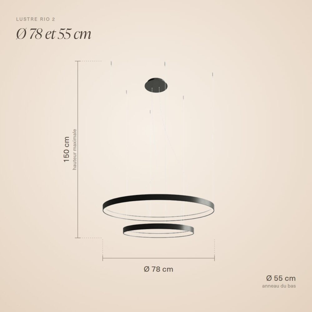 Dimensions du lustre à 2 anneaux : Ø 78 et 55 cm, hauteur maximale 150 cm